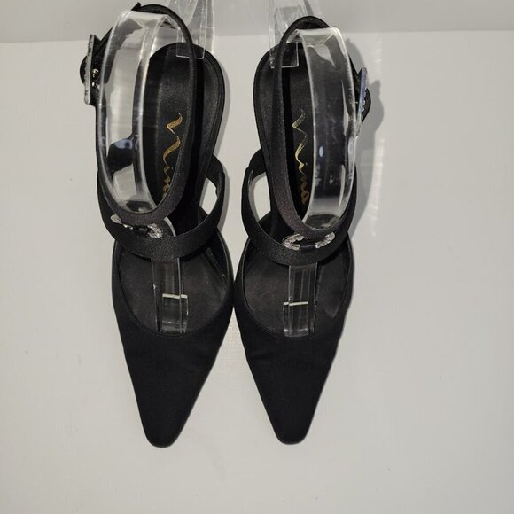 Nina Black Sateen Ankle Strap Heels W/Rhinestone Embellishment Women's Size 6.5 - Picture 3 of 13